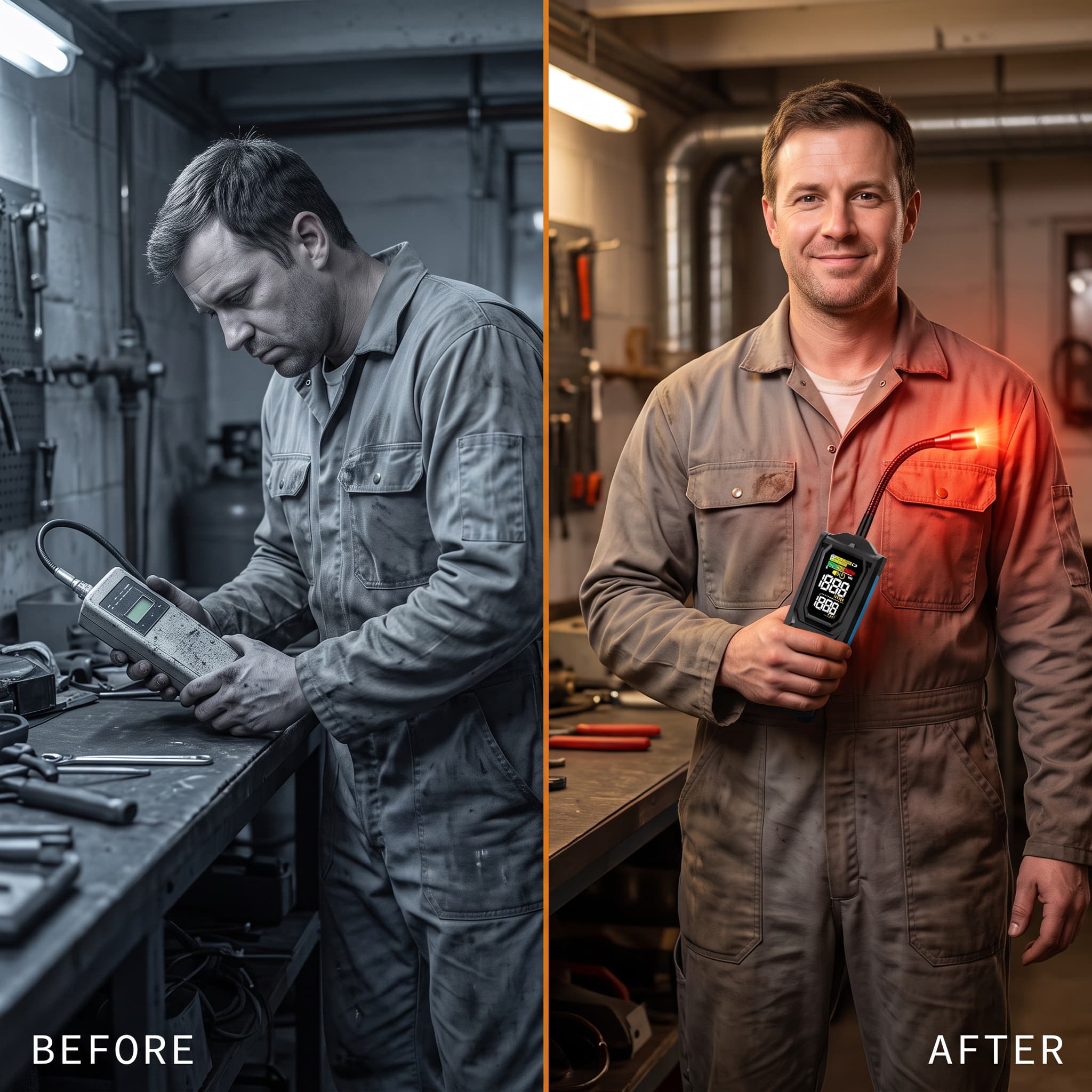 Before and after: the same technician frustrated with an old detector, then confident holding the Vavren detector
